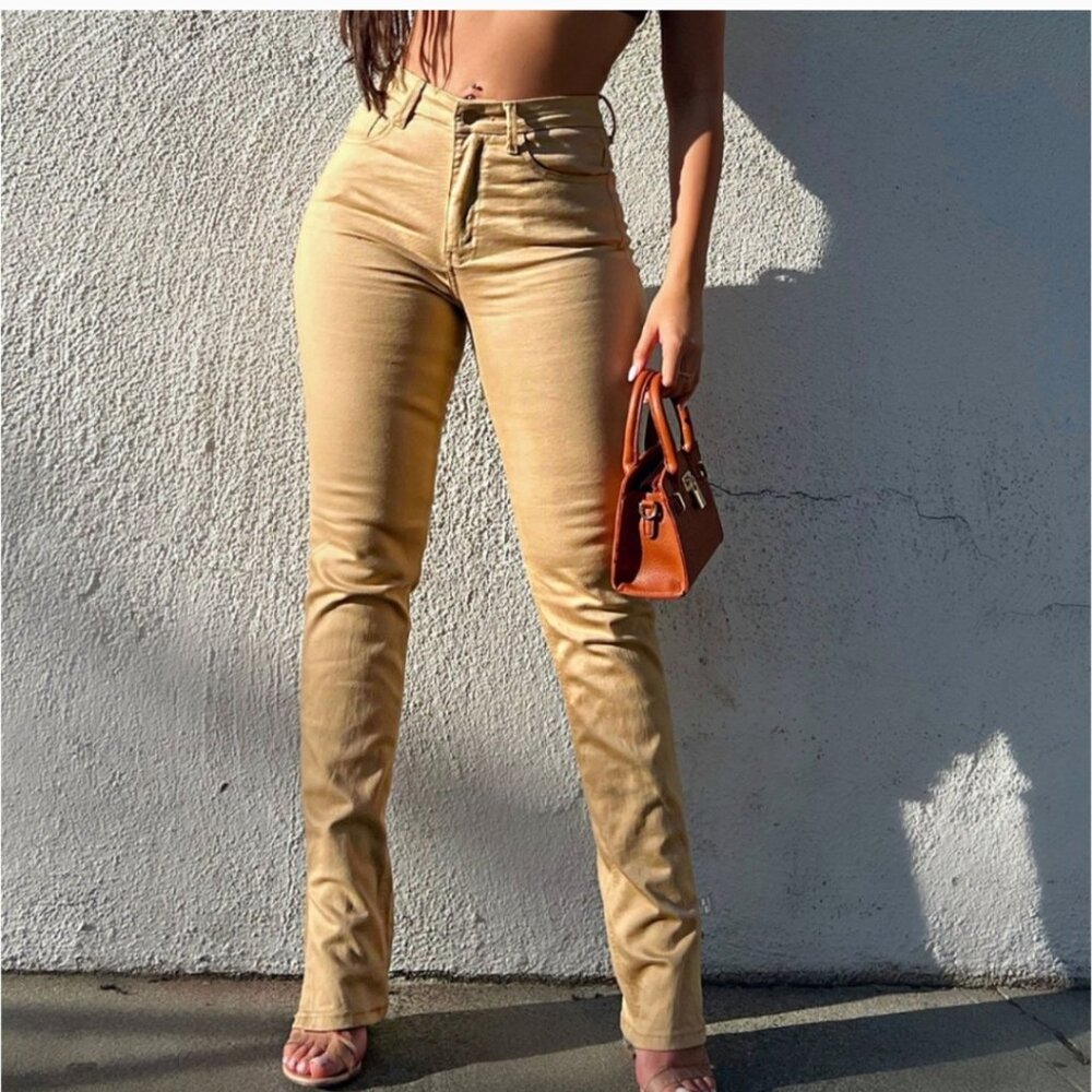 Khaki side slit stretch denim